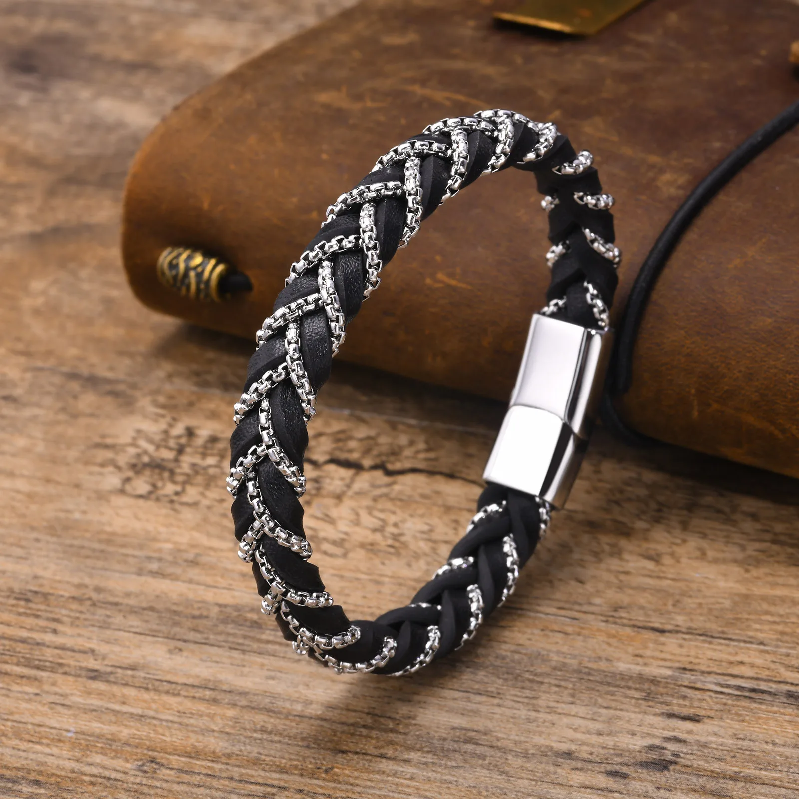 

Mprainbow Mens Black Leather Rope Chain Bracelets,Valentine's Father's Day Birthday Christmas Party Gifts for Father Dad Husband