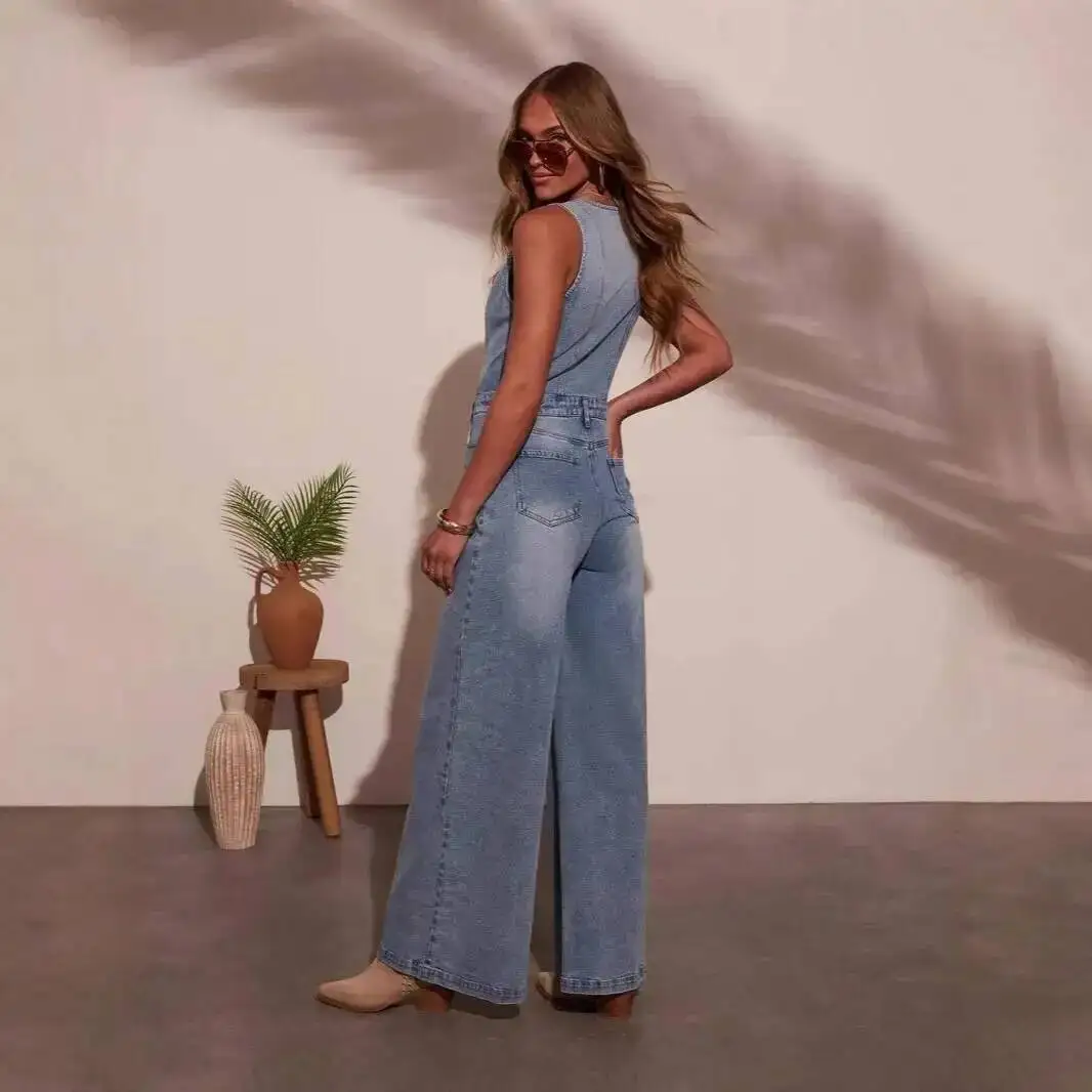 

New American Style 2026 Summer Women's Casual V-Neck Sleeveless Denim Jumpsuit Long Pants For Women