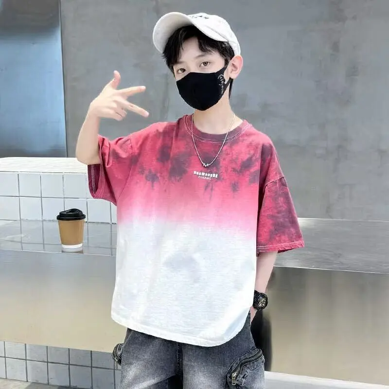 

Summer Boy T-shirt Water Washed Gradually Dyed Tees Breathable Top Loose Fitting Sports Shirts High Quality Kids Clothes 7-12Y