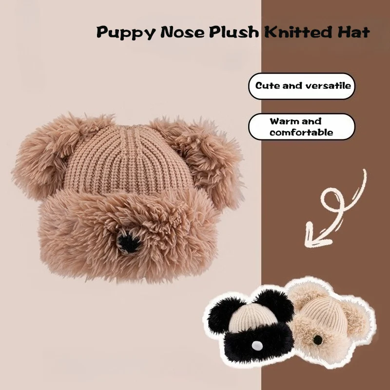 

Милая плюшевая вязаная шапка с большими ушками, осенне-зимняя теплая универсальная шапка, женские плюшевые шапки с защитой ушей в корейском стиле