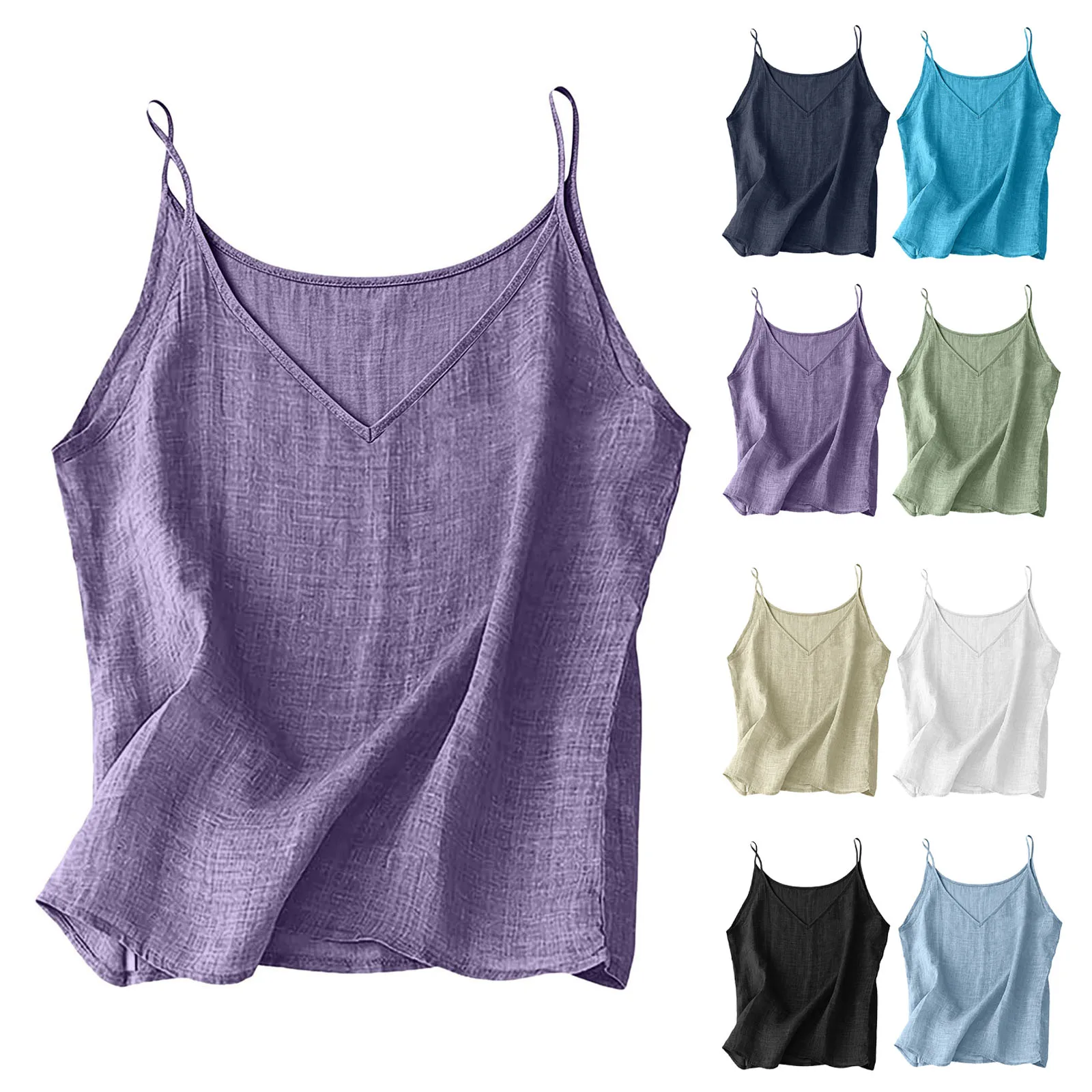 Women Cotton Linen Spaghetti Strap Tank Top V Neck Solid Color Loose Fit Lightweight Casual Sleeveless Camisole Summer Beach Top