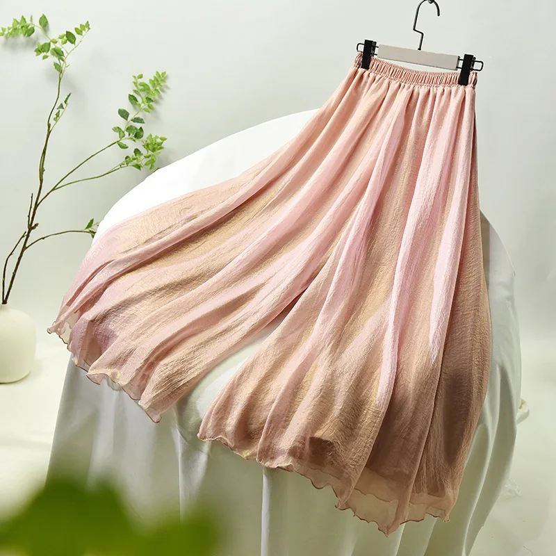 Spring and Summer New Chiffon Pants Double-layer Tulle Elastic Waist Fresh Literary Dance Chinese Style Wide Leg Pants Women