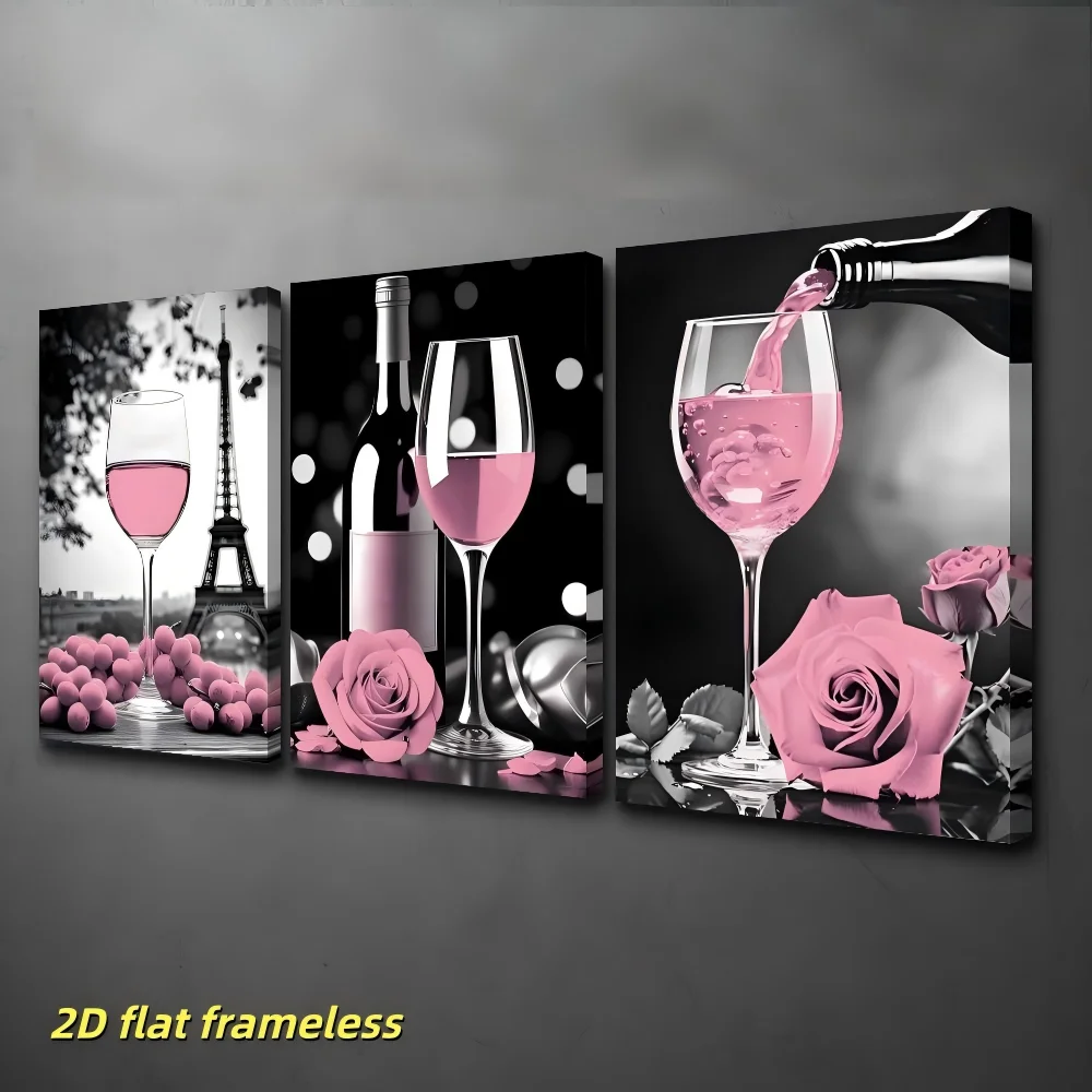 3 pieces of romantic pink wine art, grape rose, Eiffel Tower pattern canvas poster, bar, restaurant, indoor wall decoration 2D f