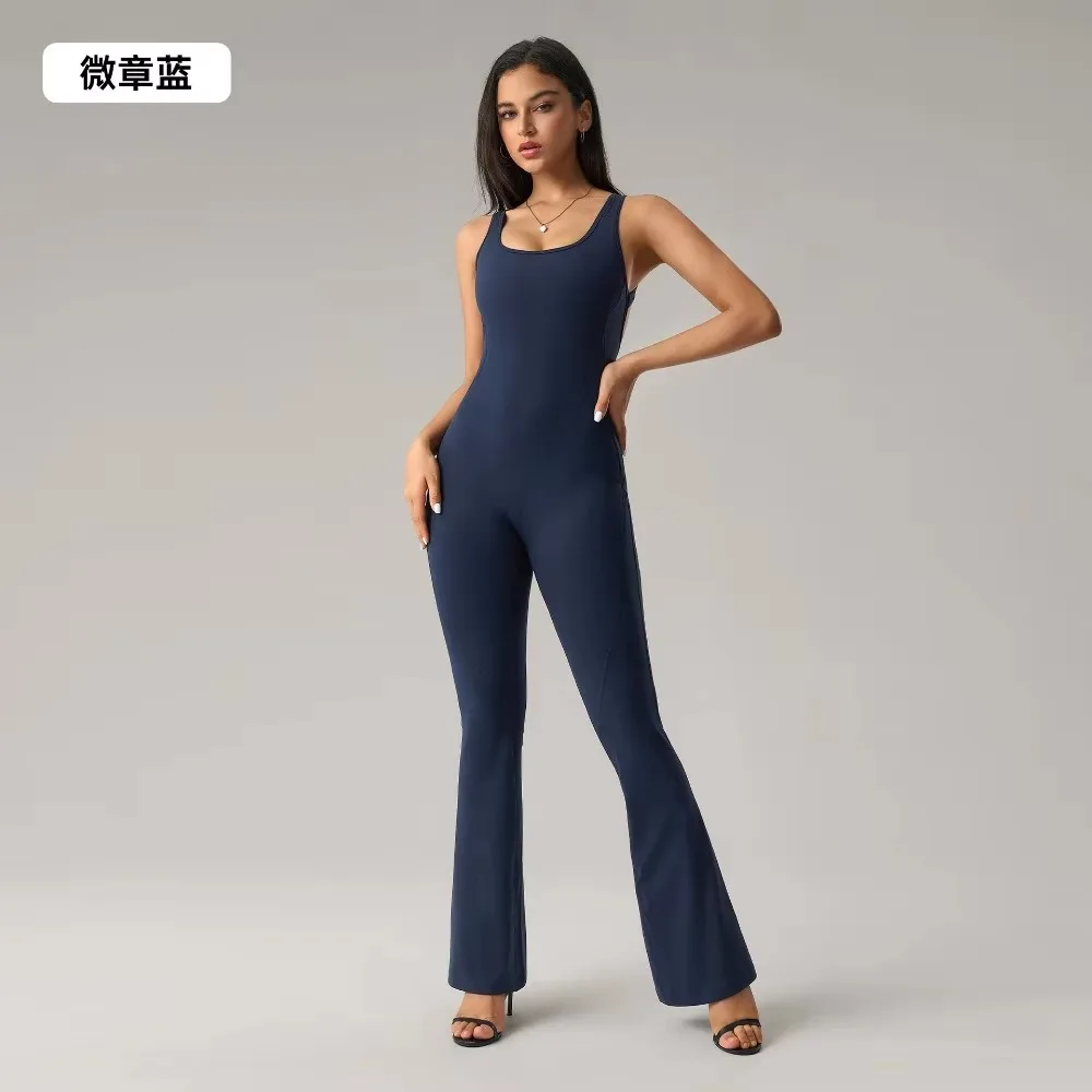 Women Open Back Flare Bodysuit, Stretchy Shapewear Tank Top Gym Workout Activewear Breathable Comfy Flattering Fitness