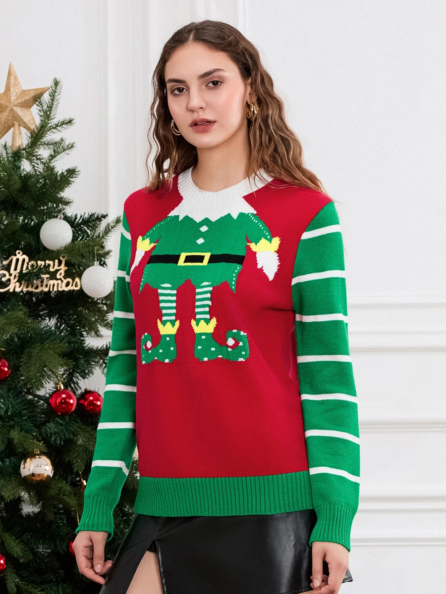 Women Cute Christmas Sweaters Casual Trendy Elf Legs Print Crew Neck Warm Pullover Basic Knitwear for Fall Streetwear