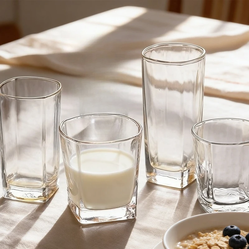 210/220/260/280ml Four Corners Transparent Glass Cup Thick Bottomed Breakfast Milk Cup Iced American Latte Mugs Whiskey Glass