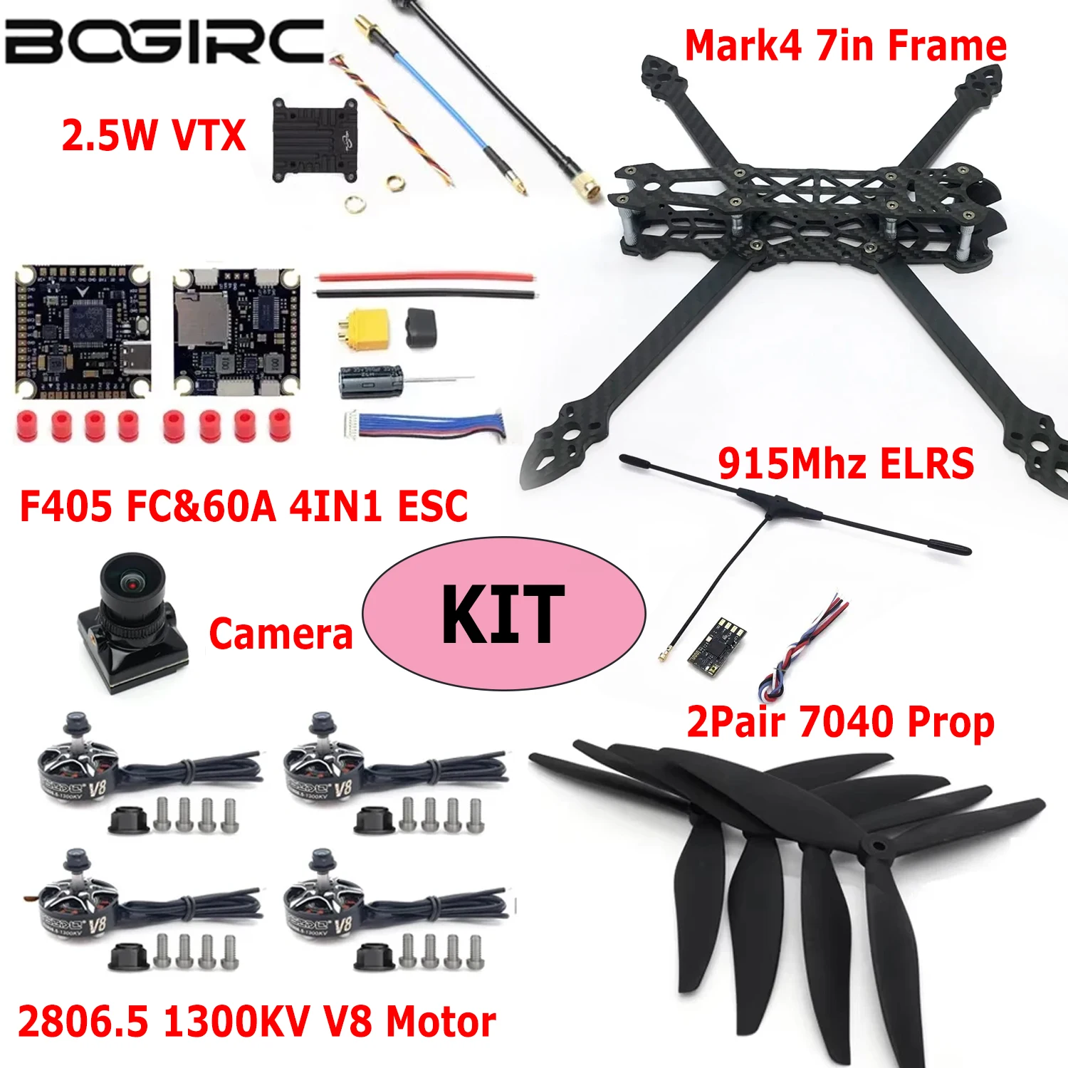 BOGIRC Mark4 7-Zoll 295mm Carbonfaser-Rahmen F4 F405 FC 60A ESC 2807 1300KV Motor 7040 Propeller für FPV Langstrecken-Rahmenmodell