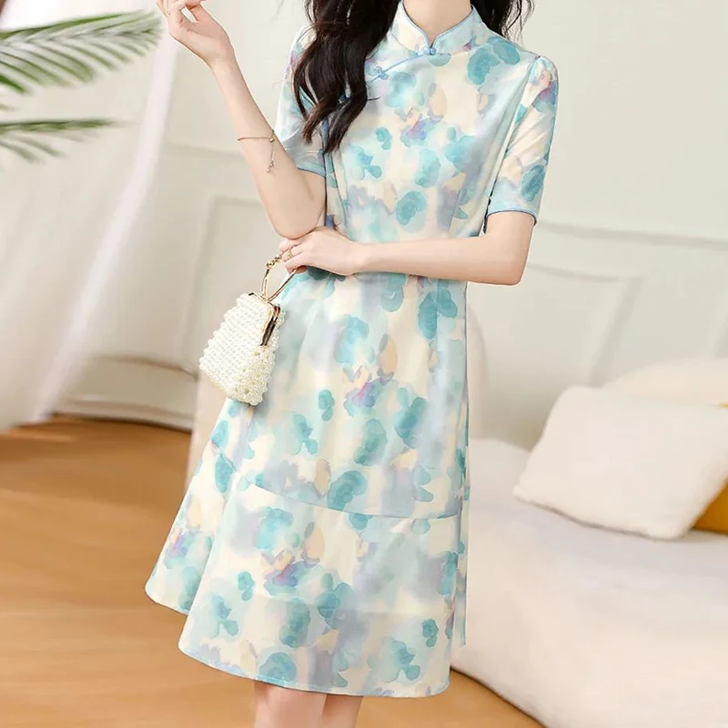 

Printed dress women's summer and autumn new improved cheongsam women's casual elegant slim design split age-reducing skirt