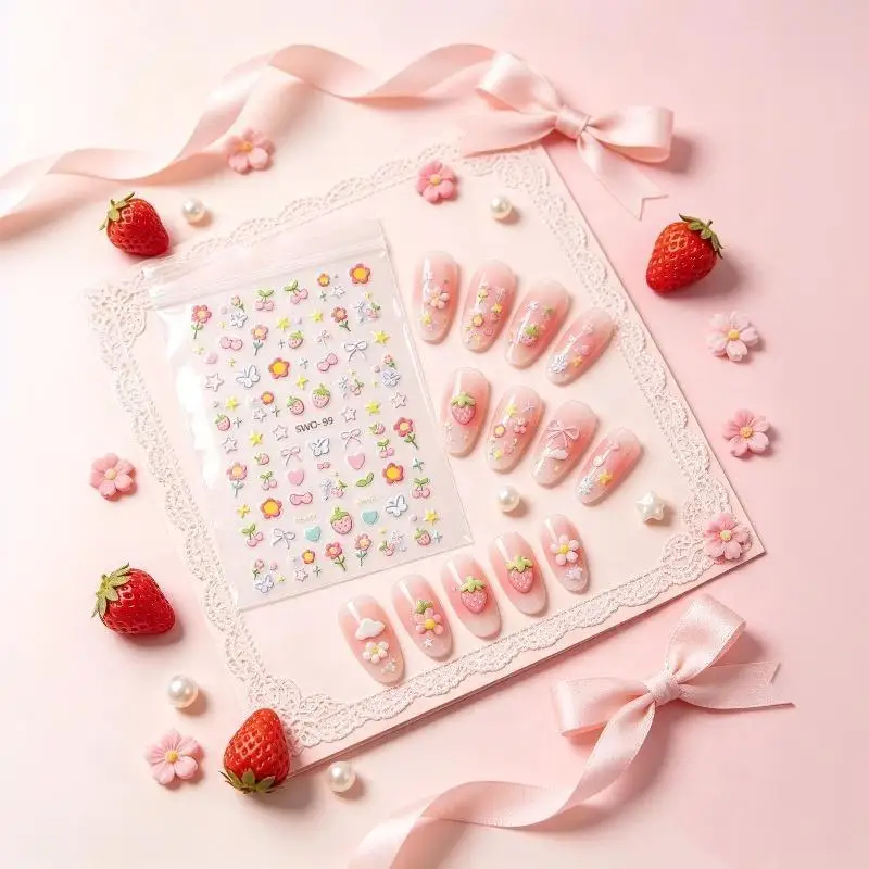 2Sheets Sweet Nail Art Stickers Flower Heart Cherry Strawberry Kawaii Decals Bow Butterfly