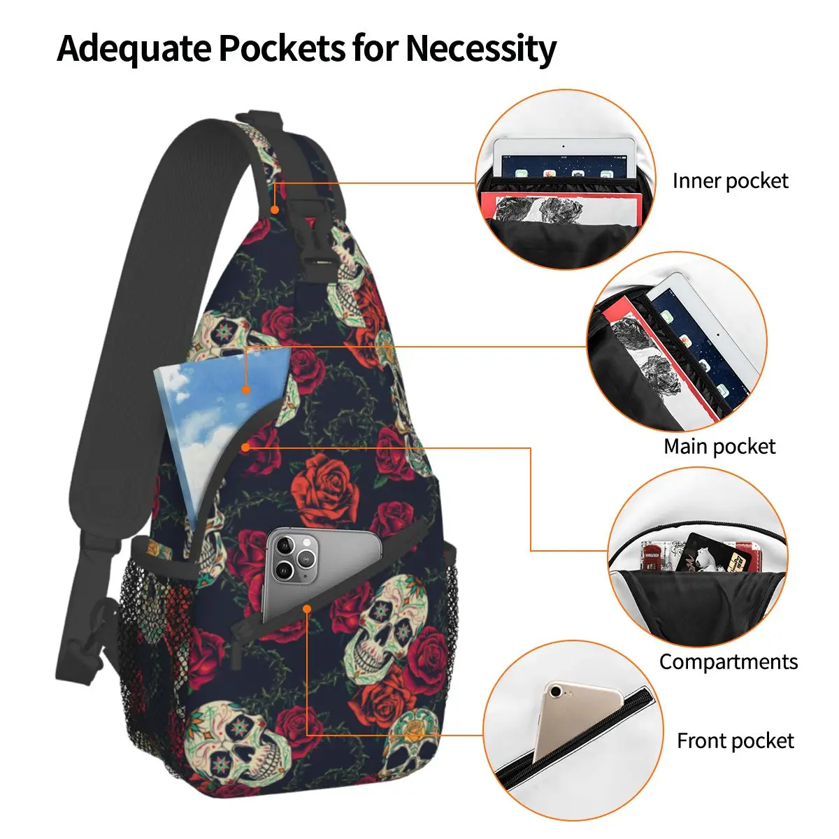 Heavy Metal Skull Small Sling Bag Chest Crossbody Shoulder Backpack Hiking Travel Daypacks Printed Bag