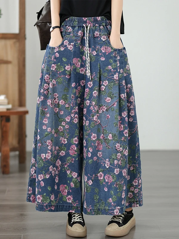 

Authentic High Waist Wide Leg Jeans Casual Versatile Printed Elastic Straight Cut Cotton Polyester Blend Summer New Arrival
