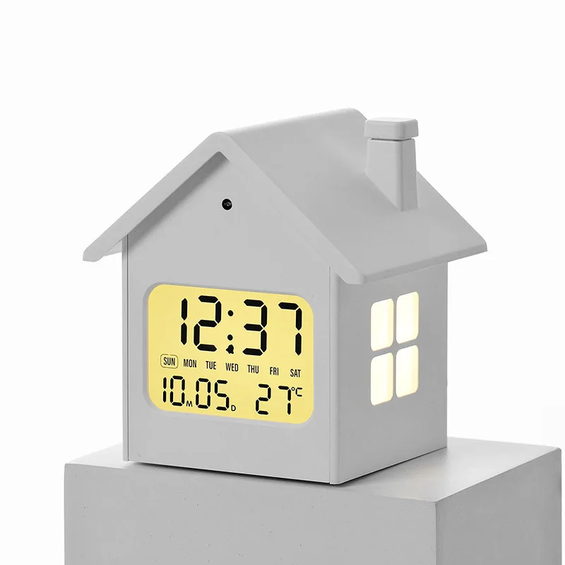 Modern Creative House Shape Multifunction Kids Alarm Clock with Night Light and LCD Display for Bedside Table