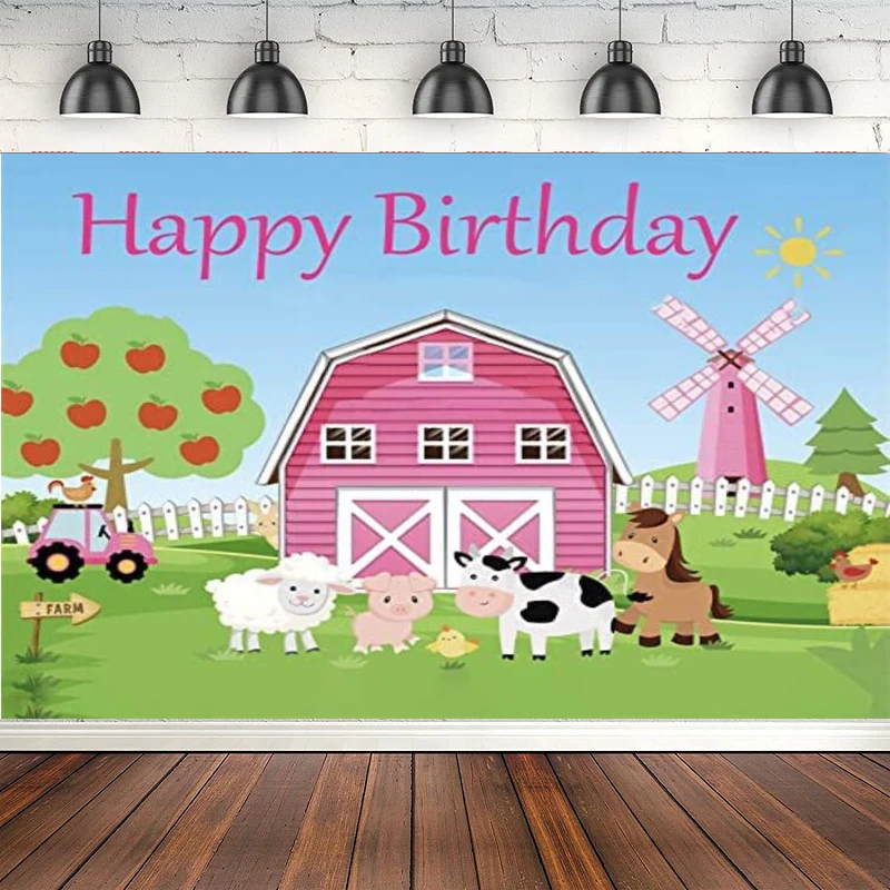 Photography Backdrop Pink Barn For Girl Birthday Party Farm Animals Scenic Background Cow Sheep Grass Windmill Rustic Banner