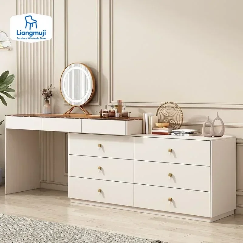 Meja Rias Modern dengan Cermin Menyala LED, Meja Rias Sudut Mewah 6 Laci, dan Rak Meja Rias Penyimpanan Besar