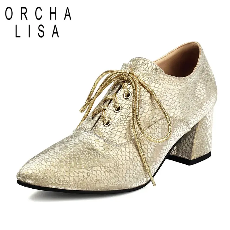 

ORCHA LISA 2025 Сексуальные модные женские туфли-лодочки с острым носком на блочном каблуке 6 см на шнуровке Большой размер 41 42 43 Блестящая офисная женская повседневная обувь