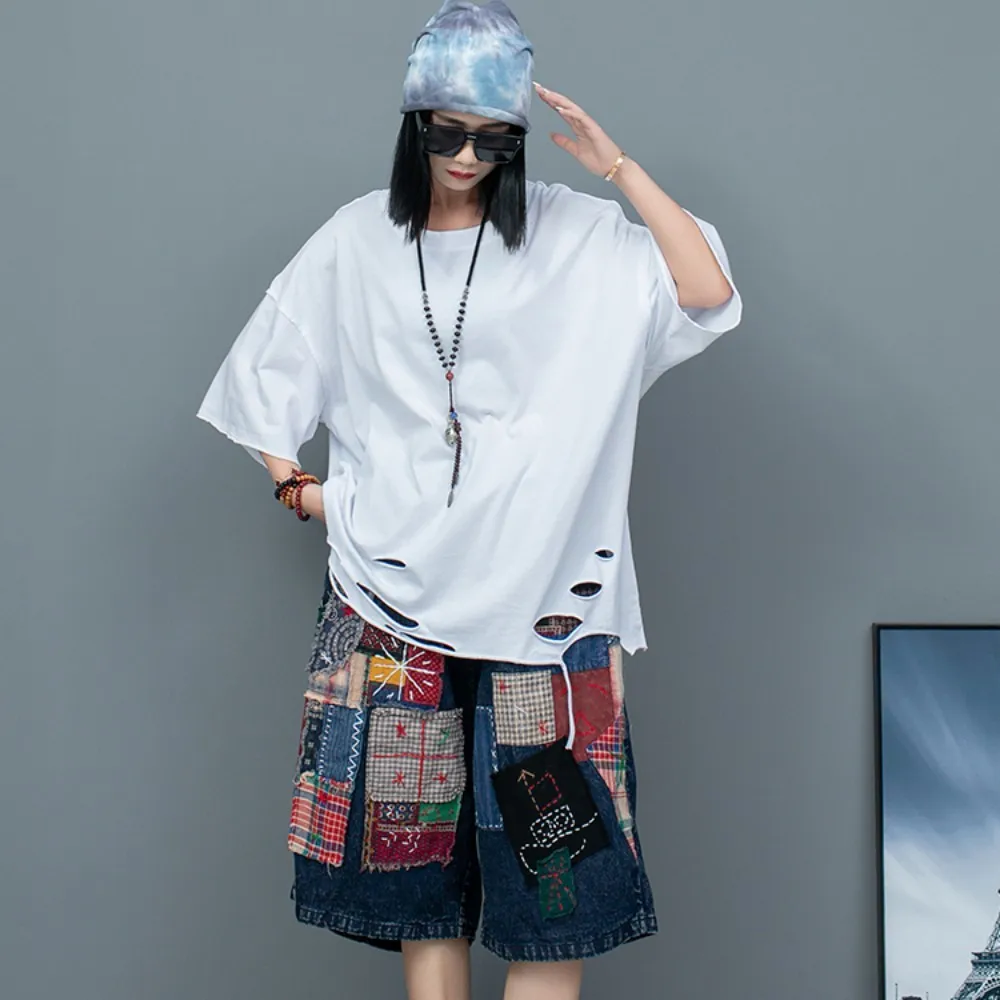 

Heavy Industry Short Sleeved T-shirt + Hand Embroidered Patch Denim Capris Two-piece Set Women Outfit 2024 Summer LX1314