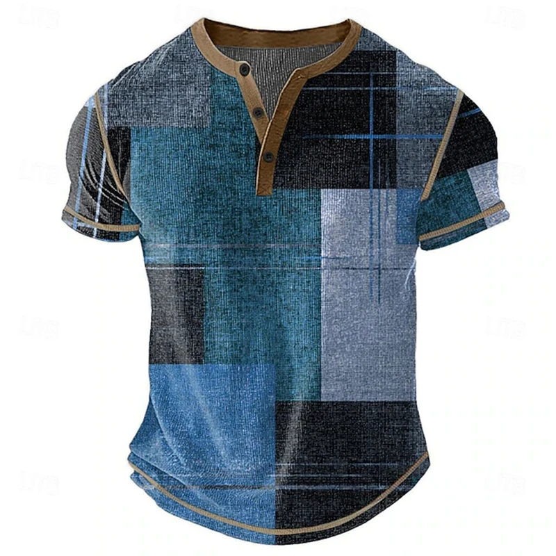 Men's 3D Color-Block Print Polo Shirt Short-Sleeve T-Shirt Retro Style Fashionable Outdoor Casual V-Neck Short-Sleeve Top