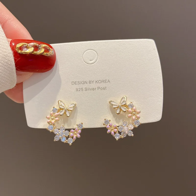 

New Exquisite S925 Silver Needle Flower Butterfly Small Fresh Daily Literary Jewelry Birthday Party Lady Temperament Earrings