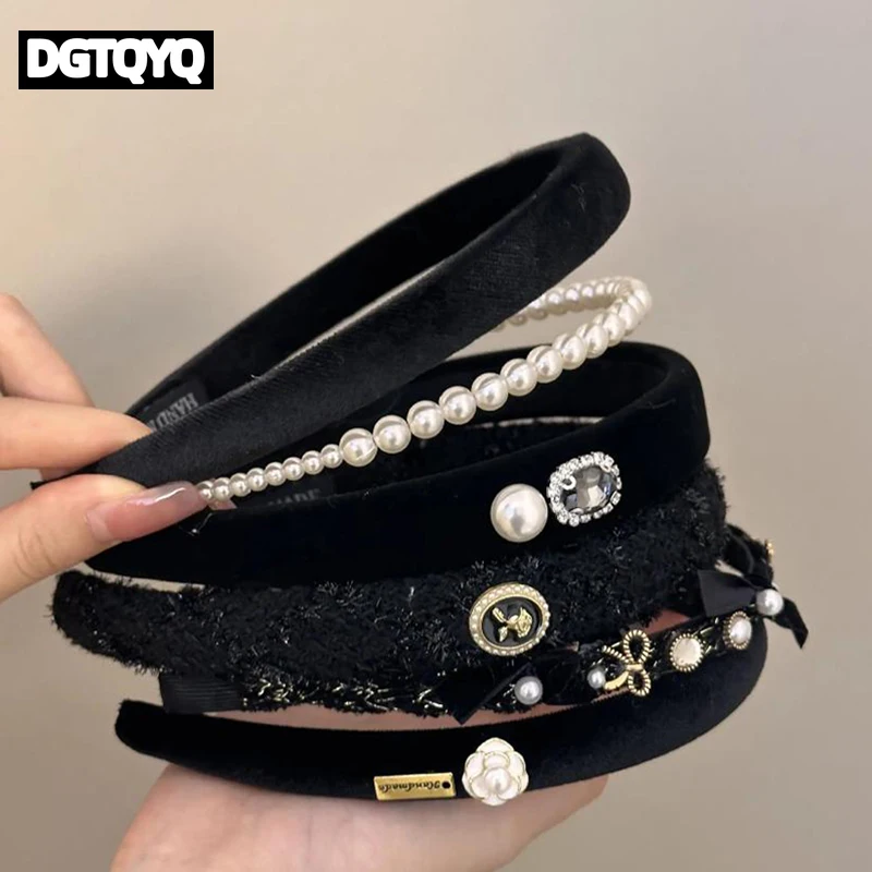 Korean Luxury Zircon Rhinestone Headbands for Women Female Black Velvet Pearl Hairbands Makeup Hair Hoops Hair Accessories view 2