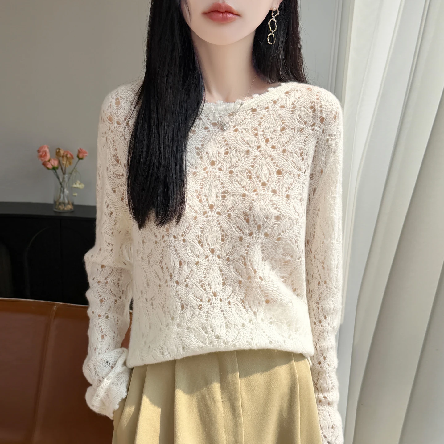 Mock-Neck Pullover Women's 100% Merino Wool Sweater Autumn Cashmere Knitwear All-Over Hollow-Out Crochet Knit Elegant Clothing