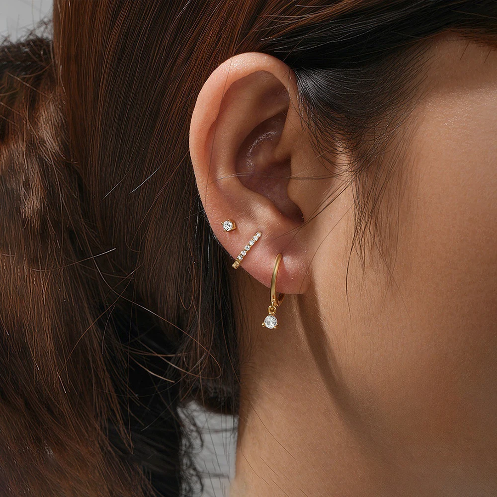 3PCS/Set Stainless Steel Earrings For Women Small Zircon 18K Gold Plated Punk Hoops Fashion Jewelry Gifts