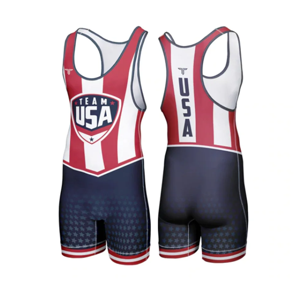 Summer USA Team Professional Men's Sleeveless Wrestling Singlets Race Suit Boxing Power Weight Lifting Bodysuit Gym Fitness Sets