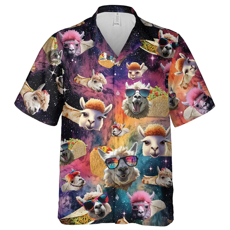 Fashion Hip Hop Alpaca Graphic Shirts For Men Clothes Galaxy Llama Short Sleeve Funny Animal Sheep Lapel Blouse Button Boy Tops