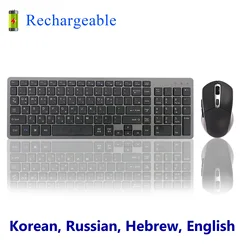 Rechargeable Wireless Keyboard and Mouse Korean Russian Hebrew English Silent Slim Compact Keyboard Kit for Laptop PC Computer