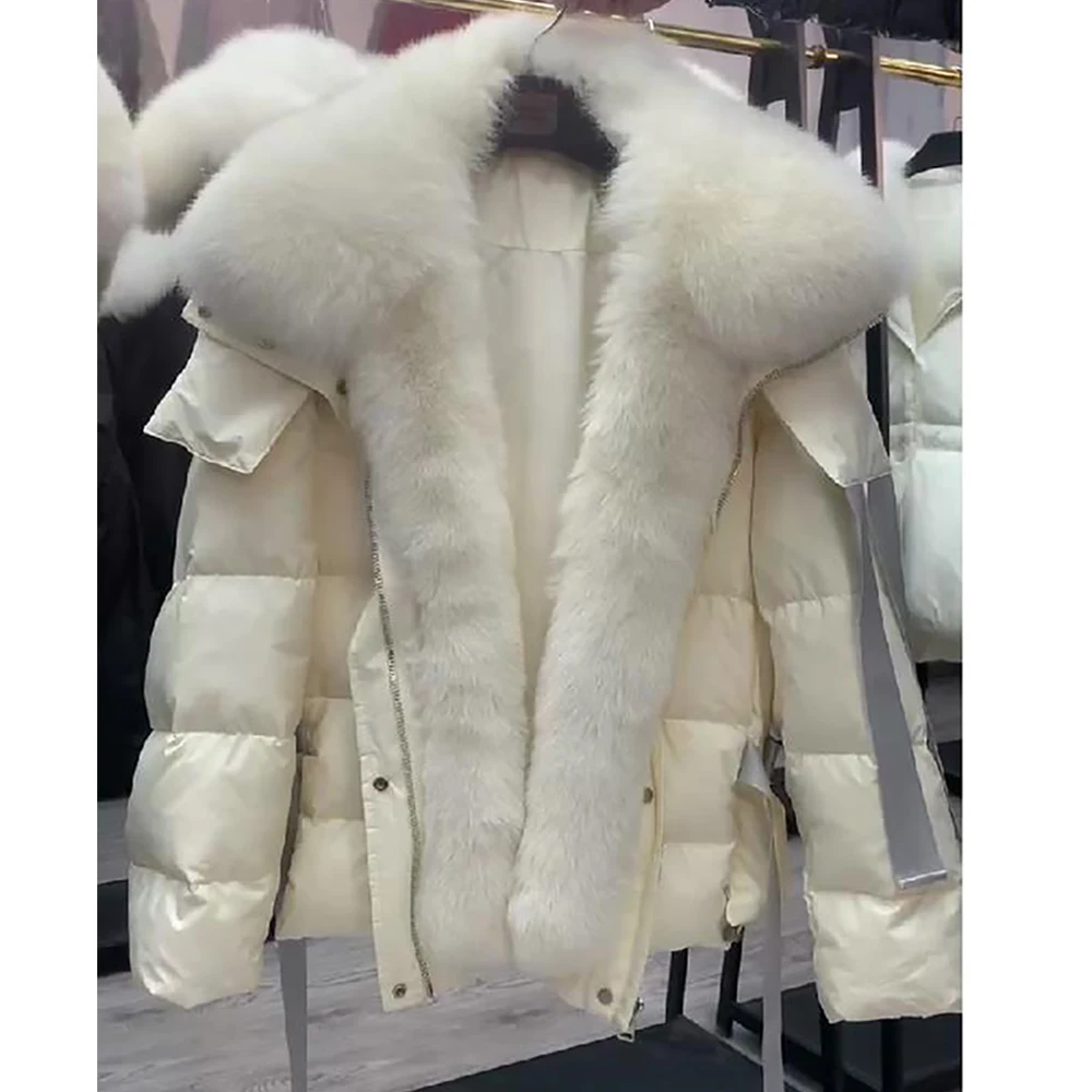 2024 New Winter Women Coat Genuine Natural Real Fox Fur Collar White Goose Down Jacket Thick Warm Loose Coat Luxury Outerwear