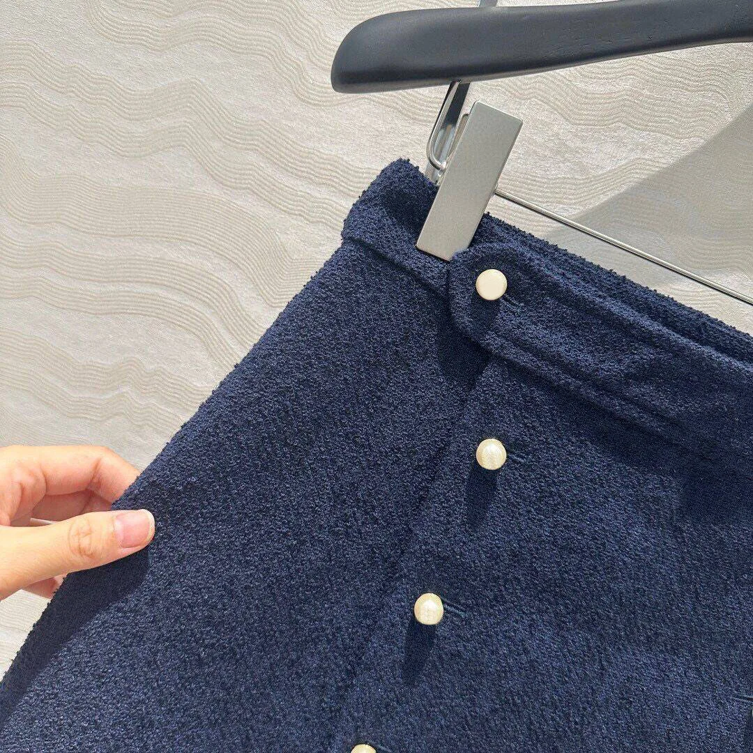 2024 New Autumn Fashion Pearls Double Breasted Aline Skirts Womens High Waist Navy Tweed Sweet Vintage Skirt