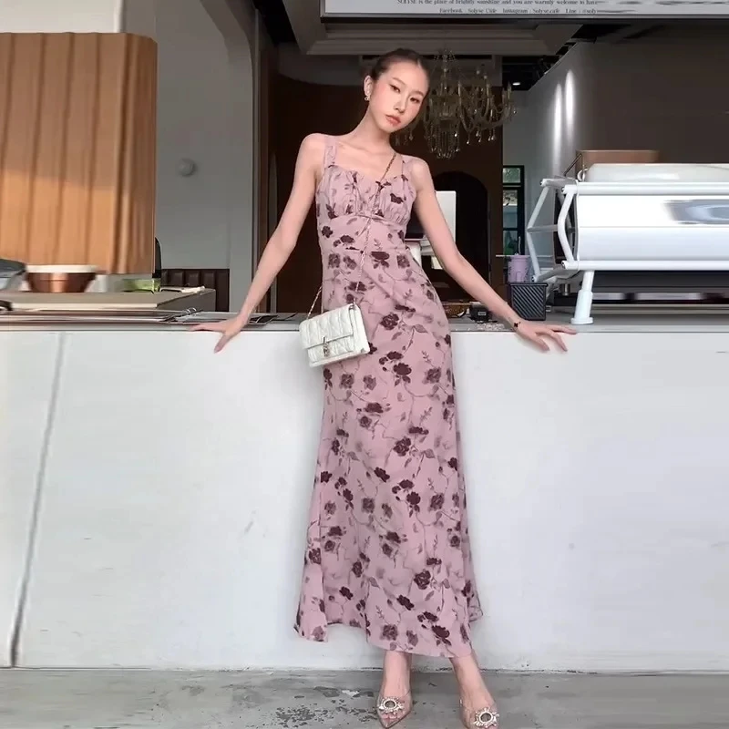 

American 2025 New Fashion Women's Summer Sleeveless Square Neck Ankle Length Slim Printed Casual Trendy Dresses Female Clothes