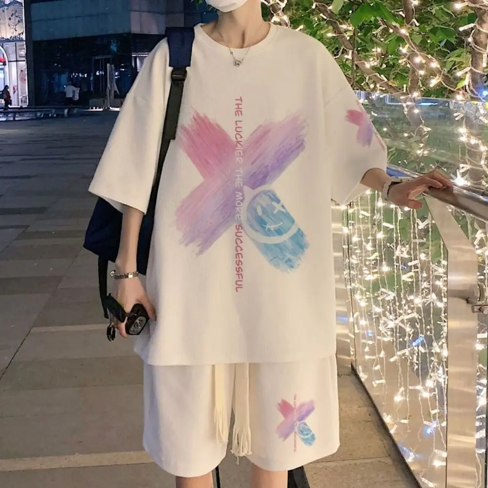 M-5XL Men Print Half Sleeve Harajuku Casual T-shirt Set Graffiti Streetwear Oversize Male Hip Hop Tees Top Suit