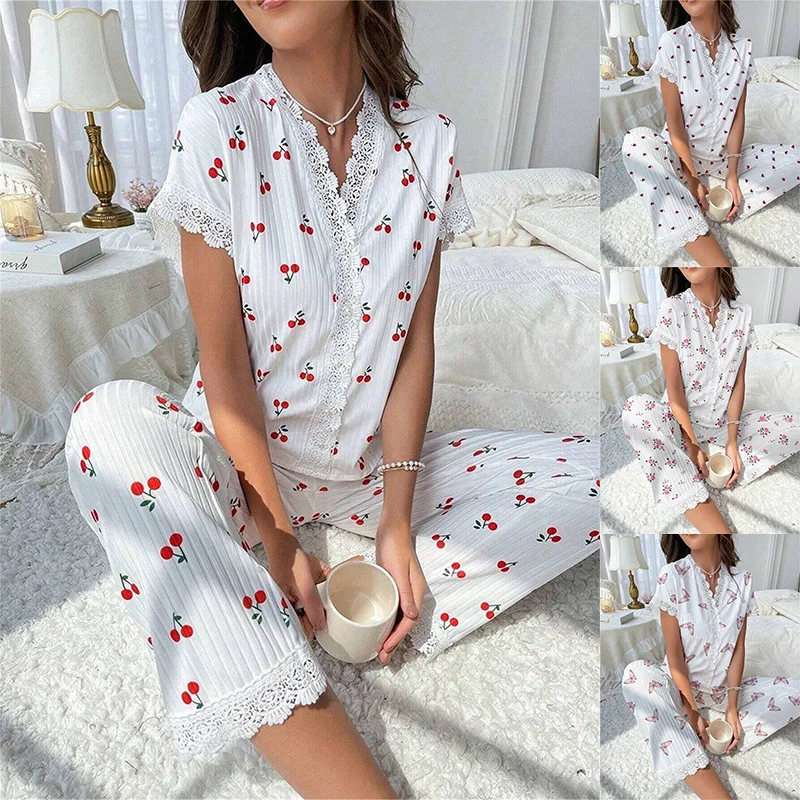 

Lace Women Pajama Set Short Sleeve Front Button Top Full-Length Pants Cherry Print 2 Pieces Sleepwear Home Nightwear Loungewear