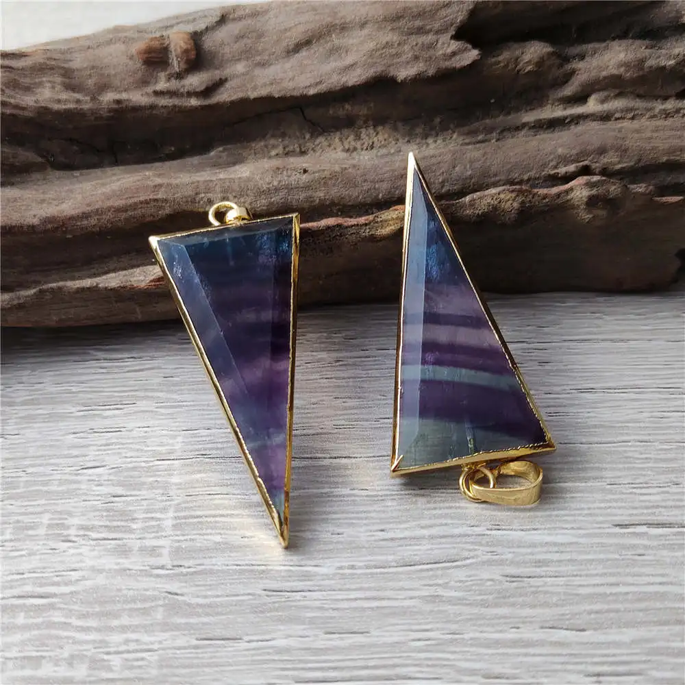 FUWO Wholesale Natural Colored Fluorite Pendant,Golden Plated Long Triangle Crystal Accessory For Jewelry Making 5Pcs/Lot PD430