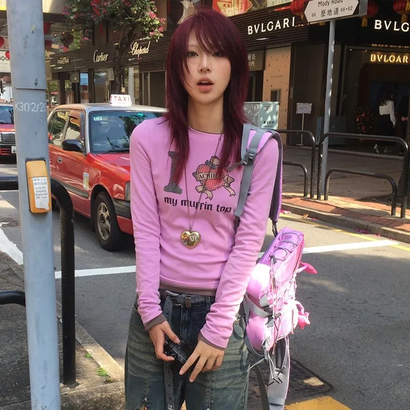 Karrram Japanese Y2k Pink T-shirt Vintage Harajuku Diamond Love Print T Shirts Long Sleeve Trashy 2000s Aesthetics Cutecore Tops