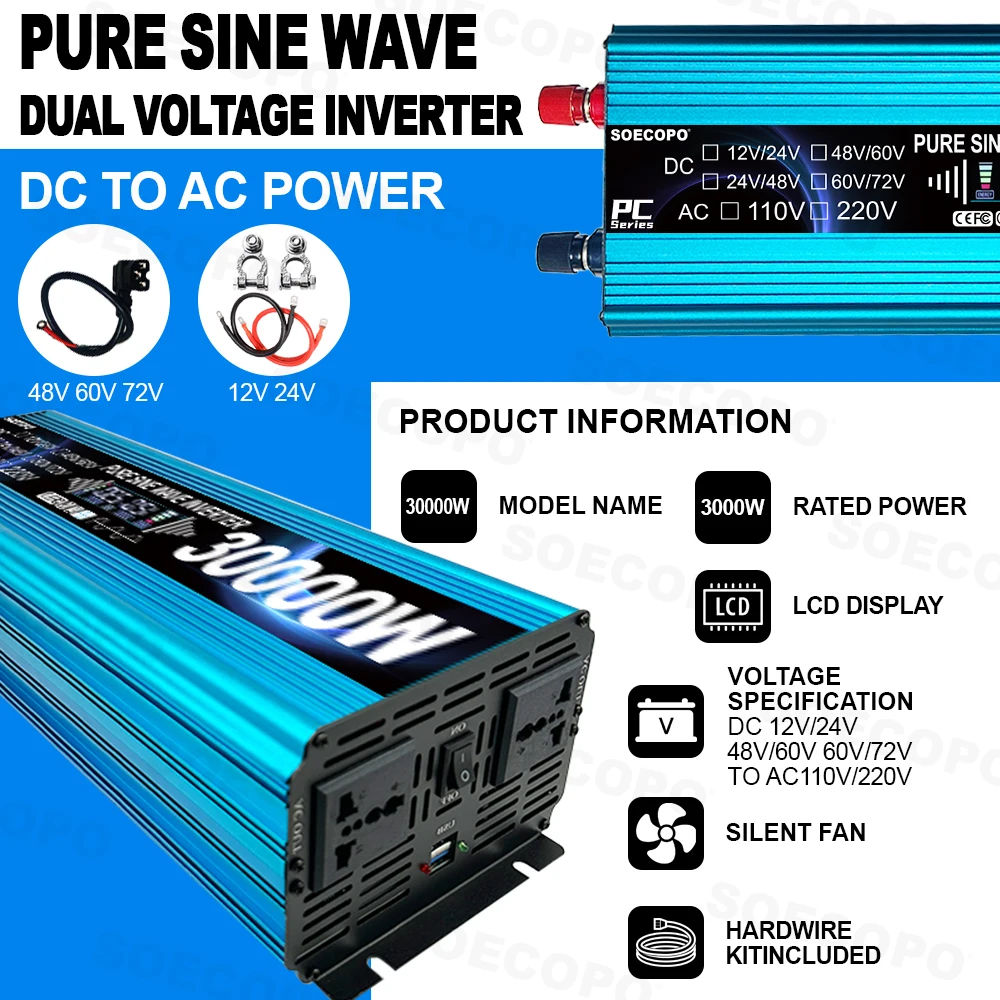 SOECOPO 30000W Pure Sine Wave Inverter Solar Inverter DC 12V/24V 48V/60V 72V To AC 110/220V Dual Voltage Inverter RV & Home
