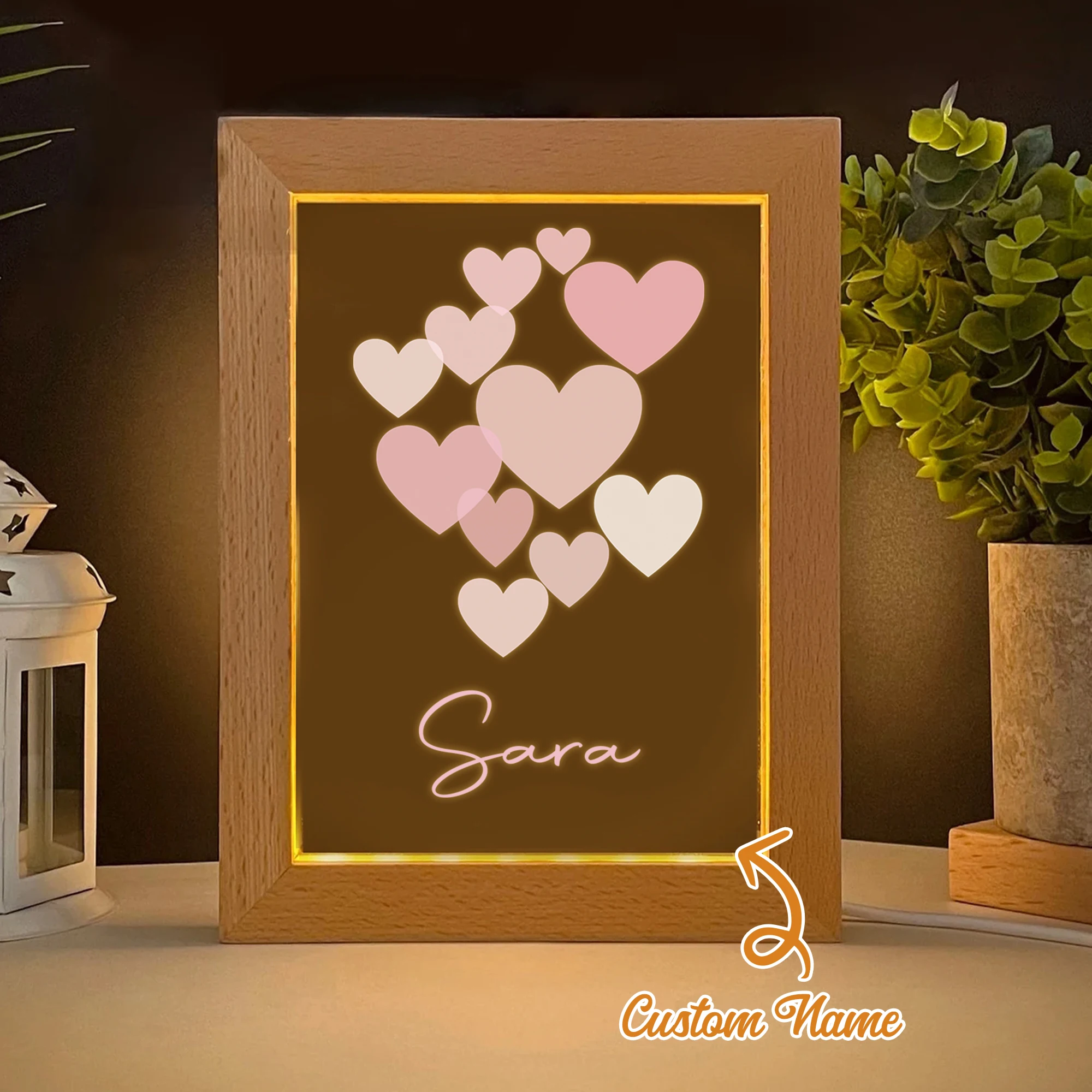 

2D Flat Custom Name Pink Love LED Acrylic Night Light Wood Photo Frame 21x17cm Cartoon Children's Bedroom Gifts Home Decor