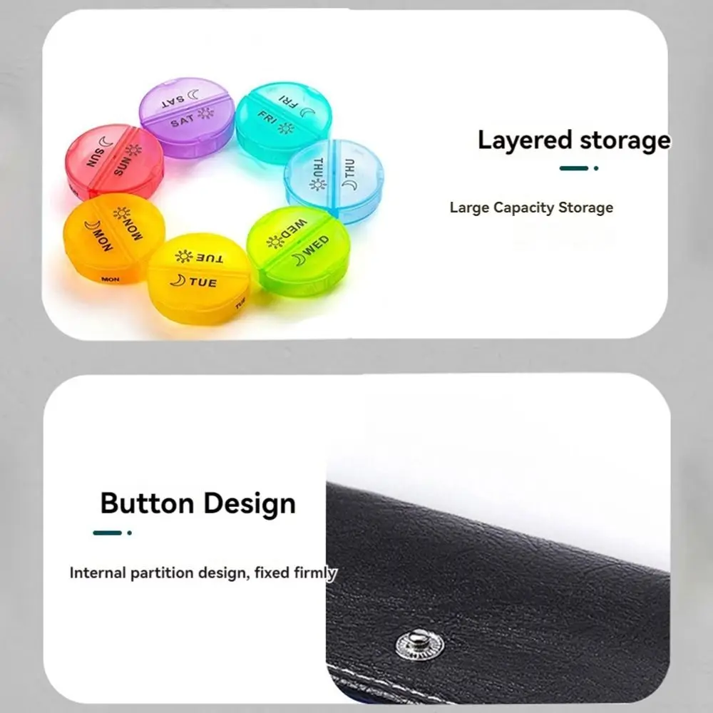 PU Leather 7-Day Pill Organizer AM/PM Compartments Week Mark 14-Grid Vitamin Storage Dust-proof Drug Container Rainbow Pill Box