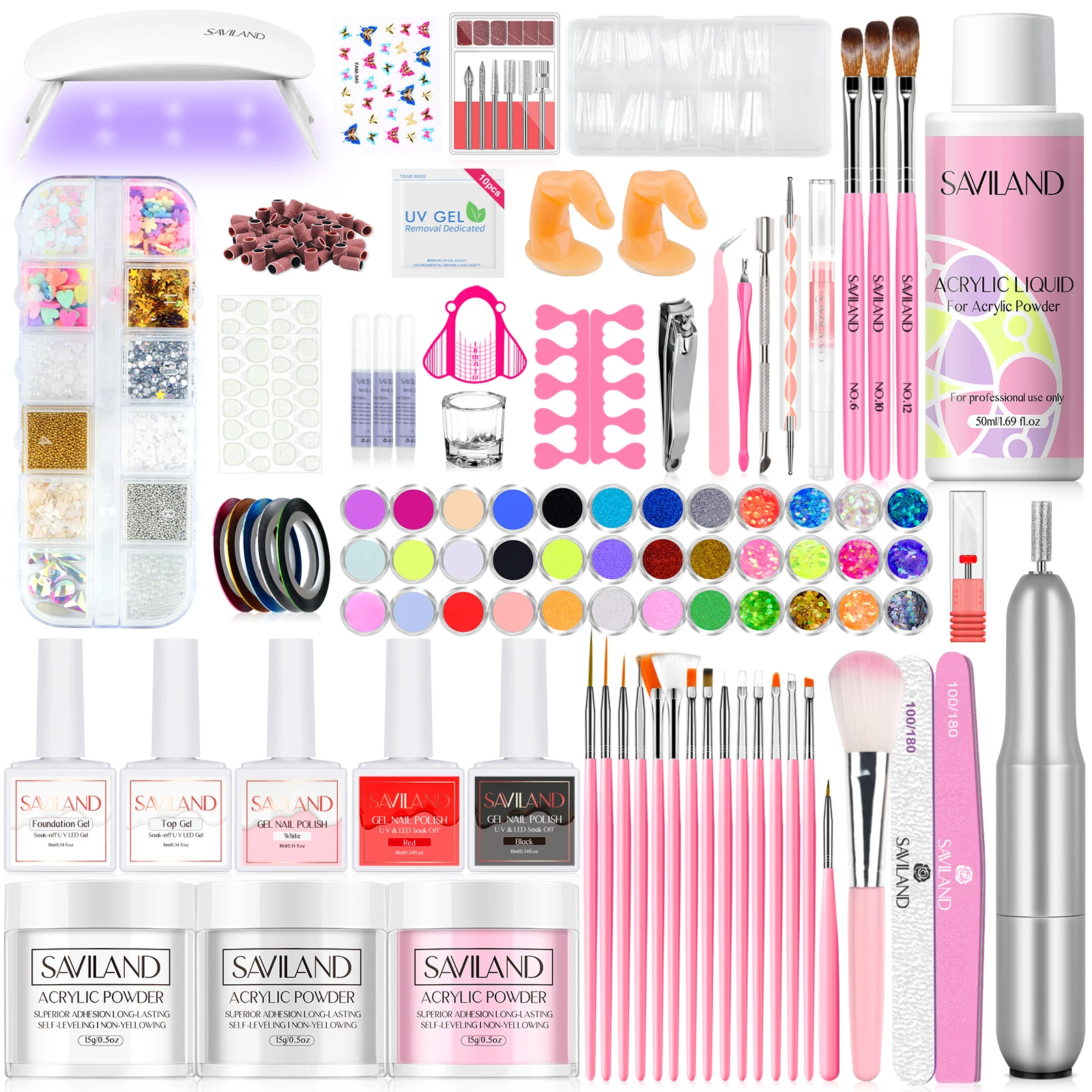 SAVILAND Kit completo per unghie acriliche con lampada UV per unghie Trapano elettrico per unghie Strumenti per smalto gel in polvere per manicure Nail Art