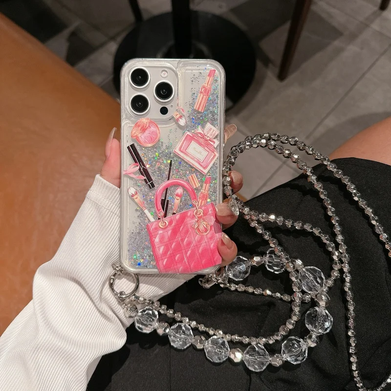 Girl Quicksand Handbag eyebrow pencil Phone Case for iPhone 11 12 13 14 15 16 Pro Max Plus X XS XR Lipstick perfume bottle Cover