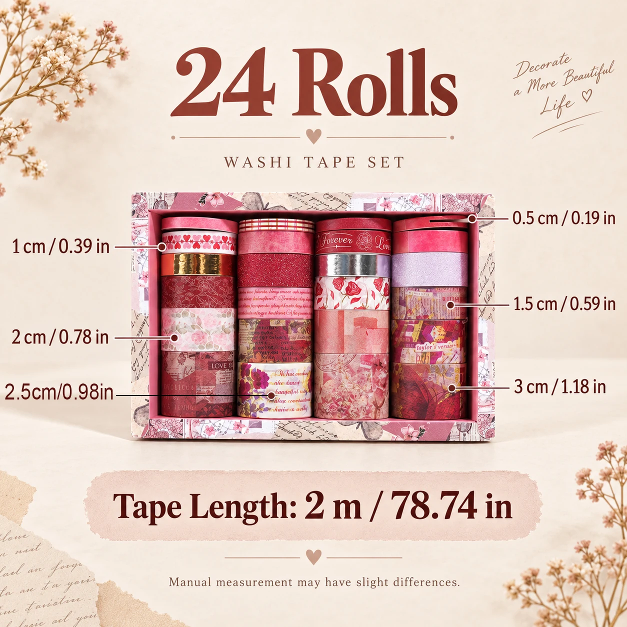 Retro Washi Tape Set Of 24 Rolls, 2 Meters Long, Various Widths, 4 Color Styles, Stationery Supplies And Gift Decorations