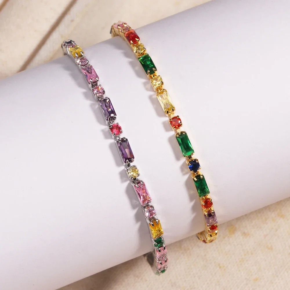 18K vergoldet neue Regenbogen CZ Tennis Armbänder für Frauen Armreif bunte Zirkonia Femme Braut Hochzeit Schmuck Geschenk – Detail 8