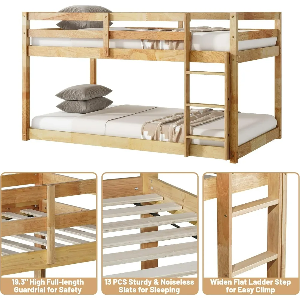 Bunk Bed Twin Over Twin, Wood Low Profile Floor Twin Bunk Beds with Ladder Guardrails for Kids Boys and Girls, No Box Spring