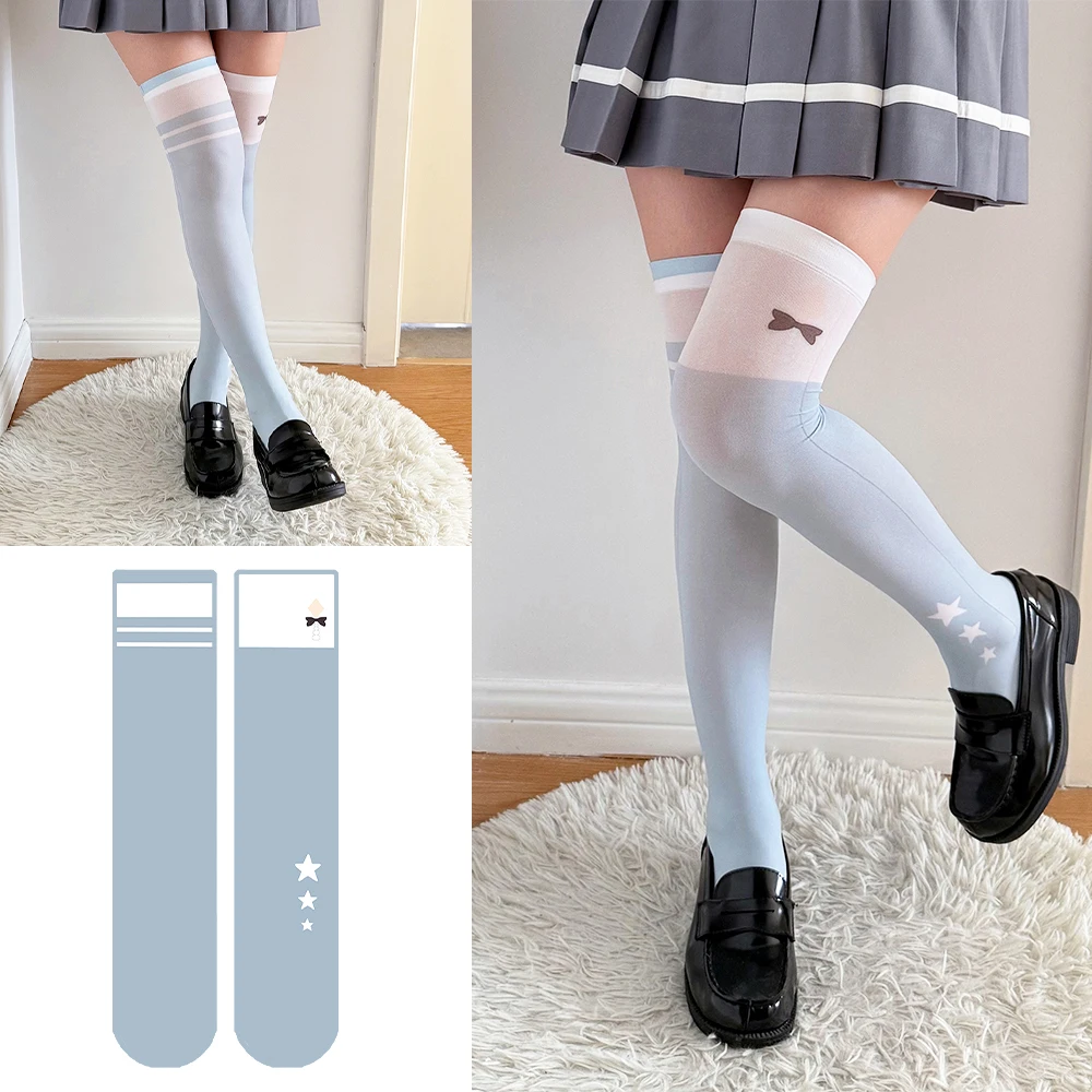 

Kawaii blue ladies stockings cute bow five-pointed star printed stockings Harajuku in knee high socks Anime style cosplay socks