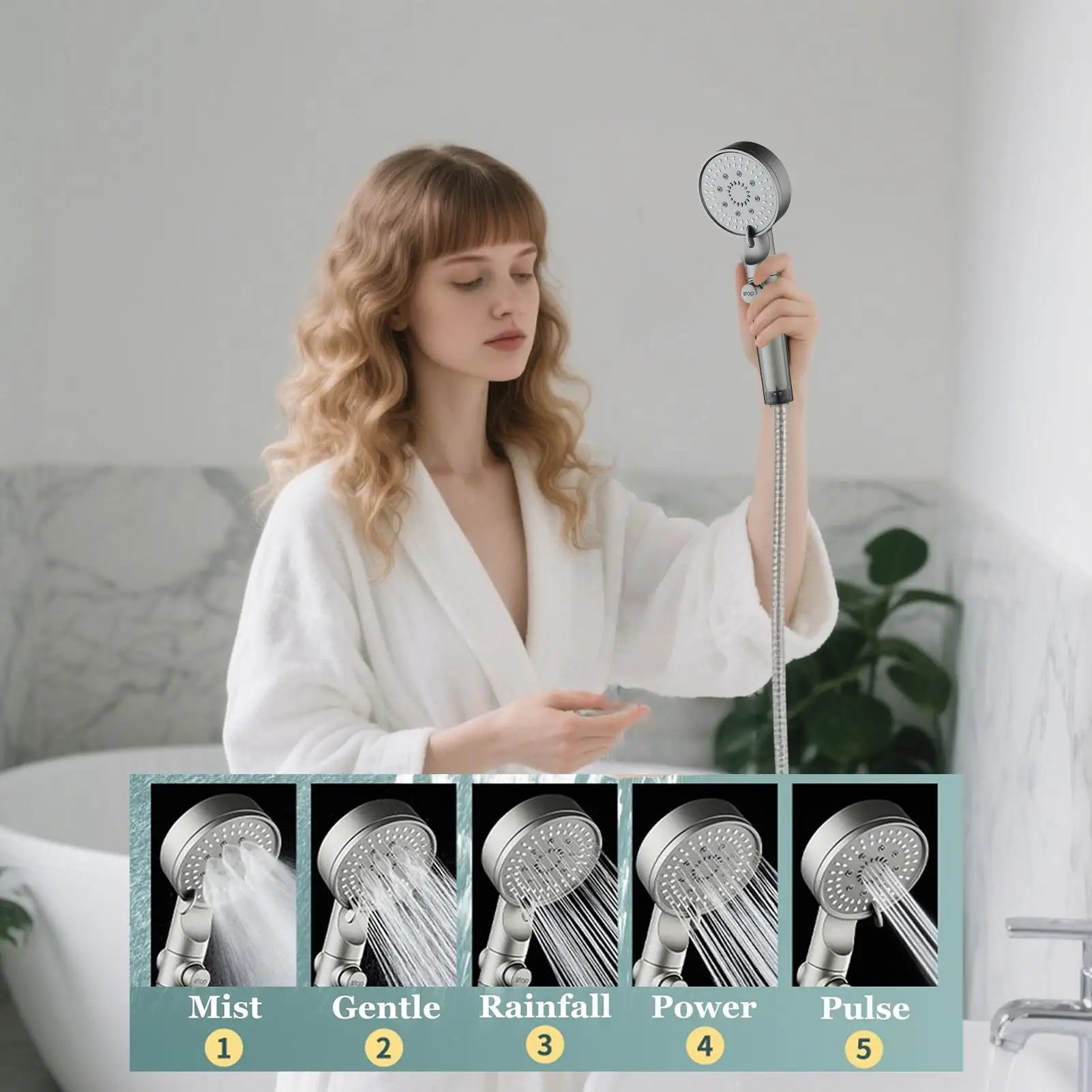 High Pressure Shower Head 5 Modes Shower Head Built-in Filter Silicone Nozzles Adjustable Sprayer 5pcs Filters Replacements
