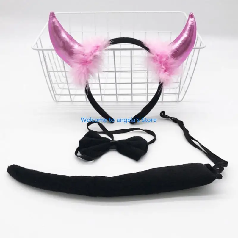 X4YC Devil Ears Headband Bow Tie Tail Set Cosplays Performances Prop for Women Kids