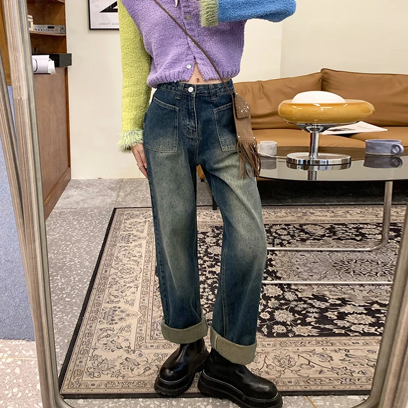 

Retro Loose Fit Straight Leg Jeans for plus Size Women High Waist Zipper Closure Long Pants Wide Leg Pants Deep Color