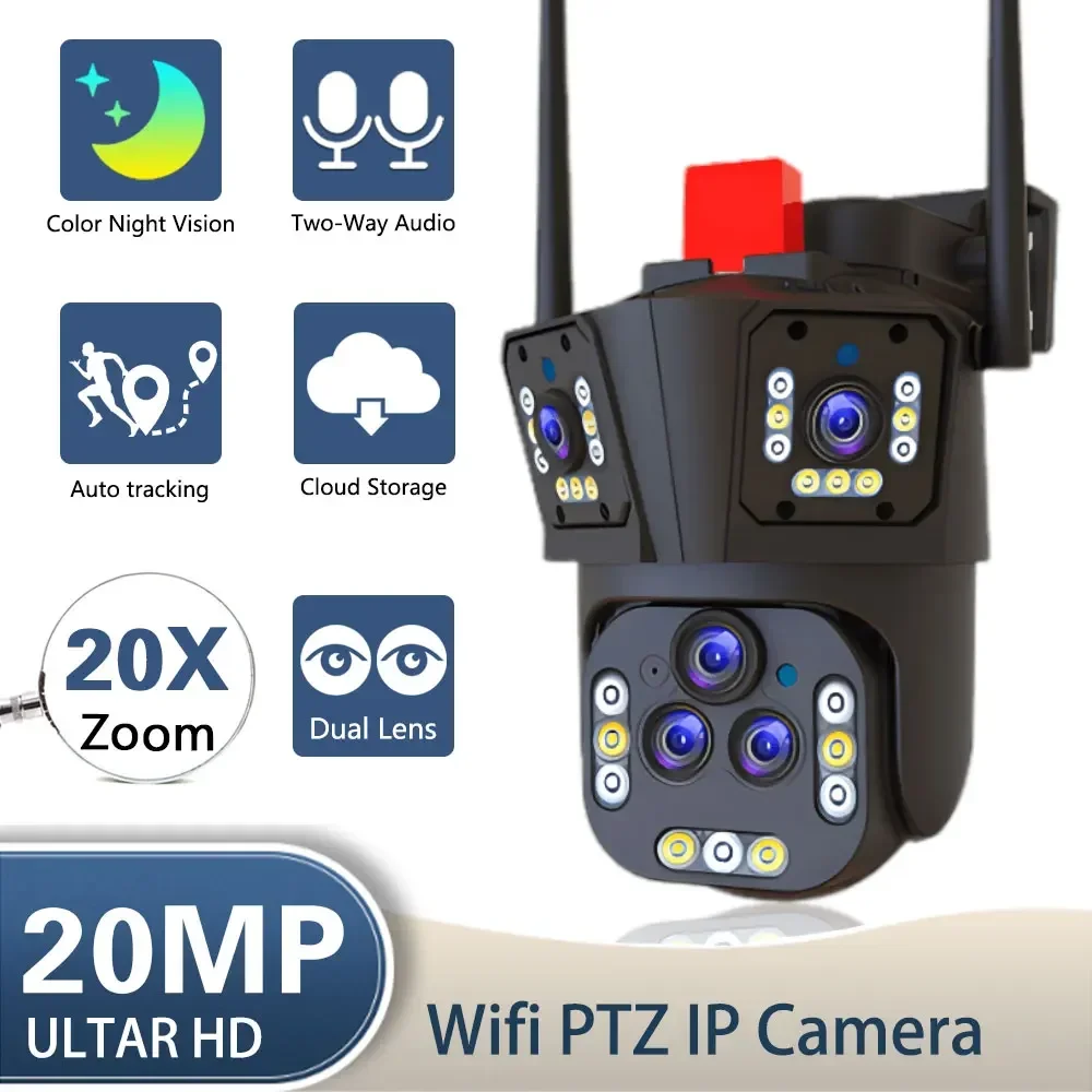 10K 20MP PTZ WIFI IP Camera Outdoor 20X Zoom Auto Tracking Waterproof Five Lens Three Screen 4K CCTV Security Surveillance Cam