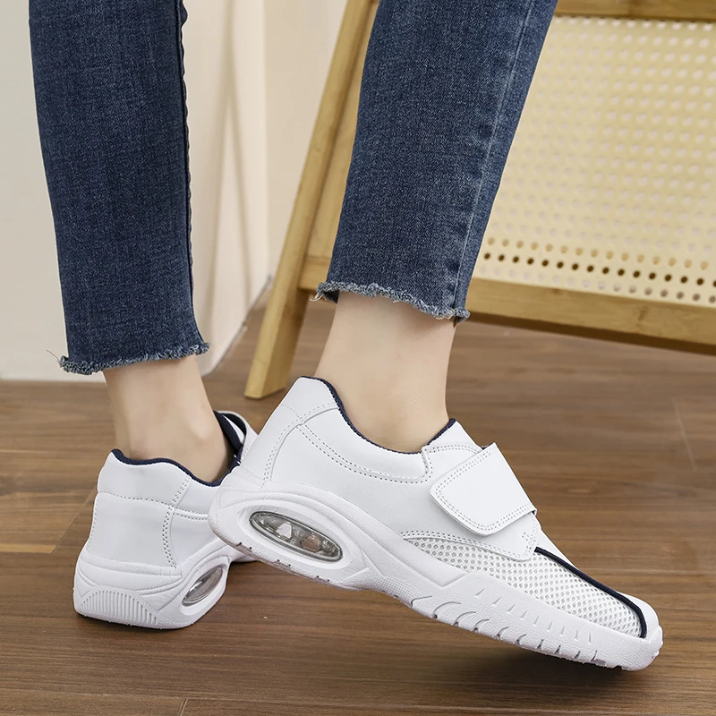 Professional Pure White Nursing Shoes Women Ladies Hook and Loop Closure Non-Slip Air Cushion Comfort Hospital Work Sneakers view 2