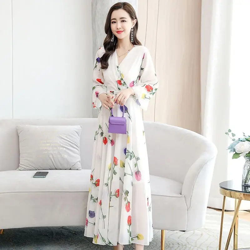 

Women Floral Printed Slim Fit Long Dress Summer Female Chic Party Vestidos French Style Chiffon Long Sleeve V-neck Skirts TS923